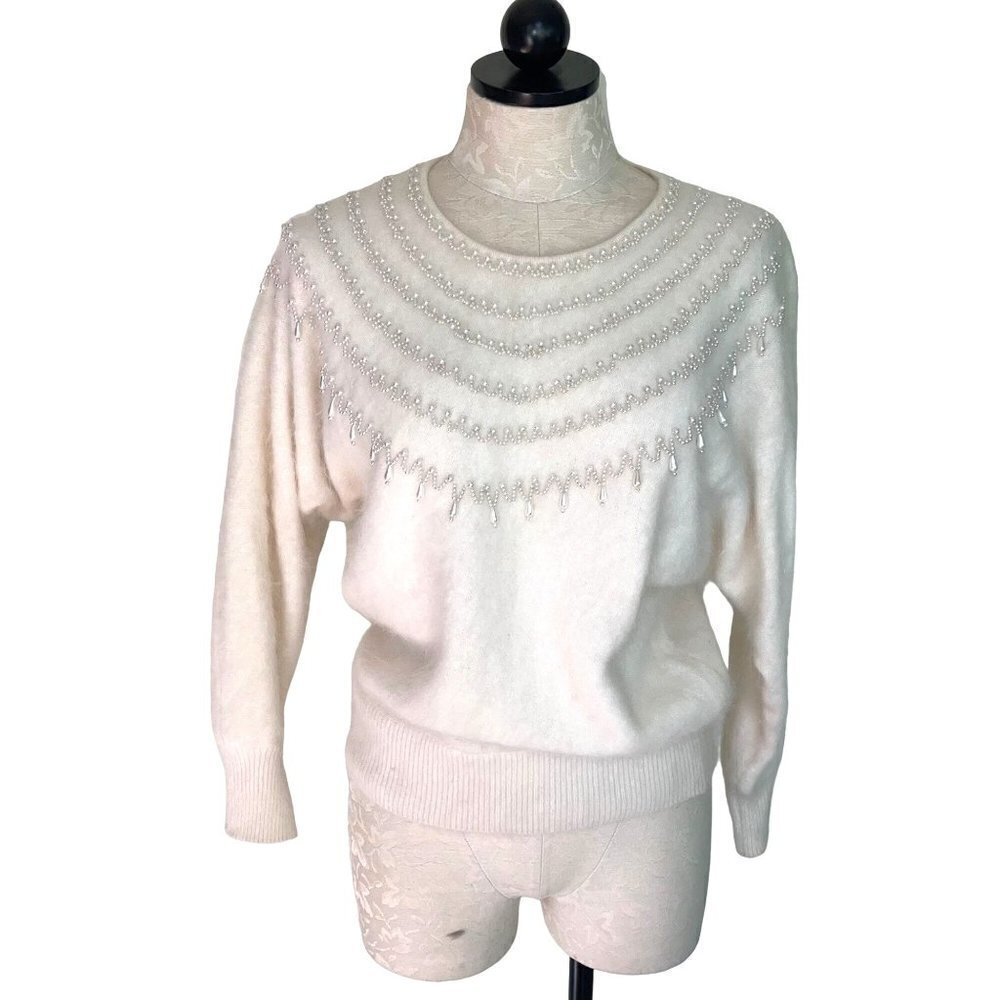 Big Star Womens Angora Sweater White Size Small Vintage Dolman Sleeve Pearls